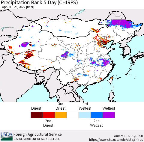 China, Mongolia and Taiwan Precipitation Rank since 1981, 5-Day (CHIRPS) Thematic Map For 4/21/2022 - 4/25/2022