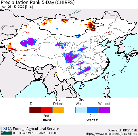 China, Mongolia and Taiwan Precipitation Rank since 1981, 5-Day (CHIRPS) Thematic Map For 4/26/2022 - 4/30/2022