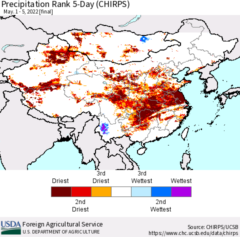 China, Mongolia and Taiwan Precipitation Rank since 1981, 5-Day (CHIRPS) Thematic Map For 5/1/2022 - 5/5/2022