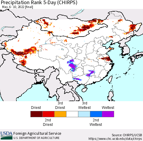 China, Mongolia and Taiwan Precipitation Rank since 1981, 5-Day (CHIRPS) Thematic Map For 5/6/2022 - 5/10/2022
