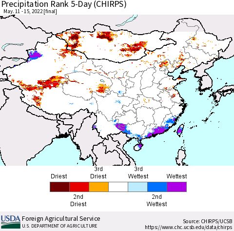 China, Mongolia and Taiwan Precipitation Rank since 1981, 5-Day (CHIRPS) Thematic Map For 5/11/2022 - 5/15/2022