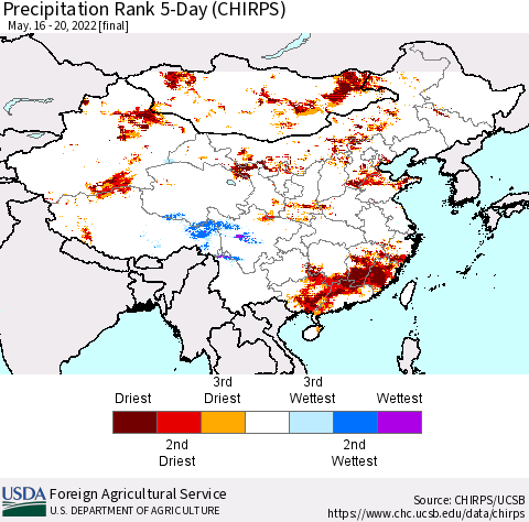 China, Mongolia and Taiwan Precipitation Rank since 1981, 5-Day (CHIRPS) Thematic Map For 5/16/2022 - 5/20/2022