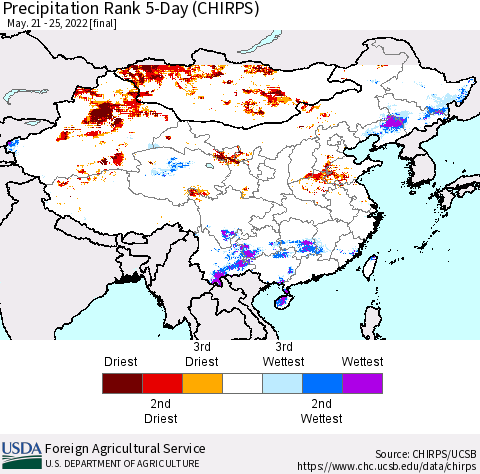 China, Mongolia and Taiwan Precipitation Rank since 1981, 5-Day (CHIRPS) Thematic Map For 5/21/2022 - 5/25/2022