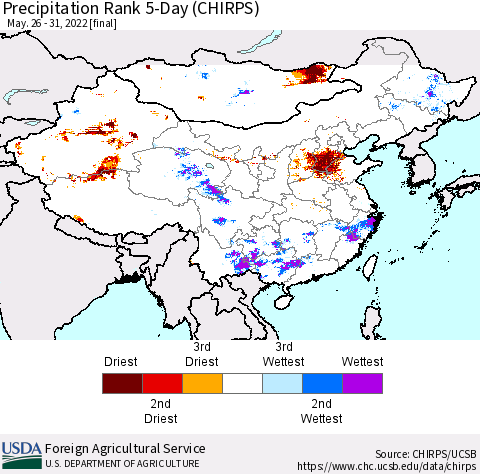 China, Mongolia and Taiwan Precipitation Rank since 1981, 5-Day (CHIRPS) Thematic Map For 5/26/2022 - 5/31/2022