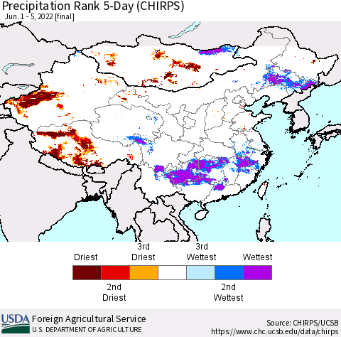 China, Mongolia and Taiwan Precipitation Rank since 1981, 5-Day (CHIRPS) Thematic Map For 6/1/2022 - 6/5/2022