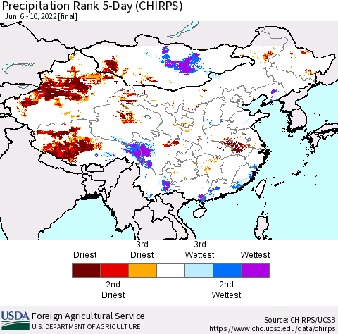 China, Mongolia and Taiwan Precipitation Rank since 1981, 5-Day (CHIRPS) Thematic Map For 6/6/2022 - 6/10/2022
