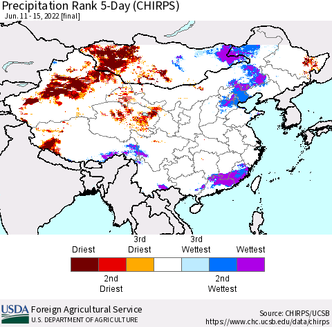 China, Mongolia and Taiwan Precipitation Rank since 1981, 5-Day (CHIRPS) Thematic Map For 6/11/2022 - 6/15/2022