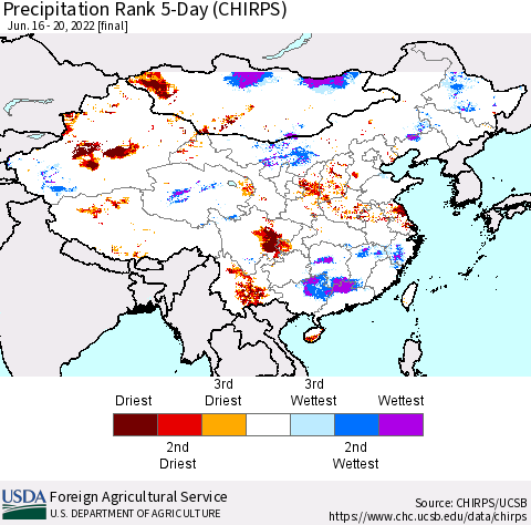 China, Mongolia and Taiwan Precipitation Rank since 1981, 5-Day (CHIRPS) Thematic Map For 6/16/2022 - 6/20/2022