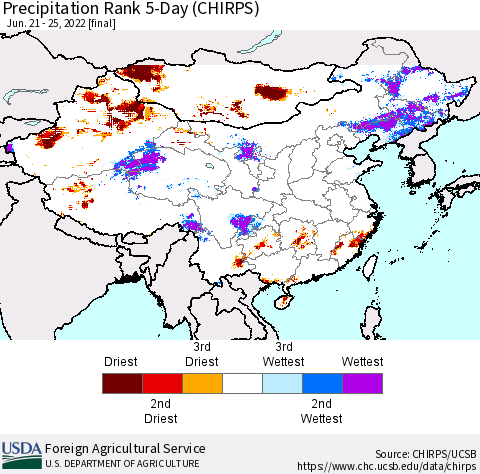 China, Mongolia and Taiwan Precipitation Rank since 1981, 5-Day (CHIRPS) Thematic Map For 6/21/2022 - 6/25/2022