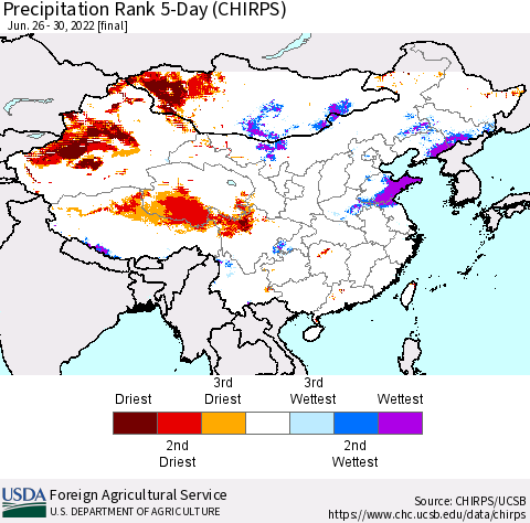 China, Mongolia and Taiwan Precipitation Rank since 1981, 5-Day (CHIRPS) Thematic Map For 6/26/2022 - 6/30/2022