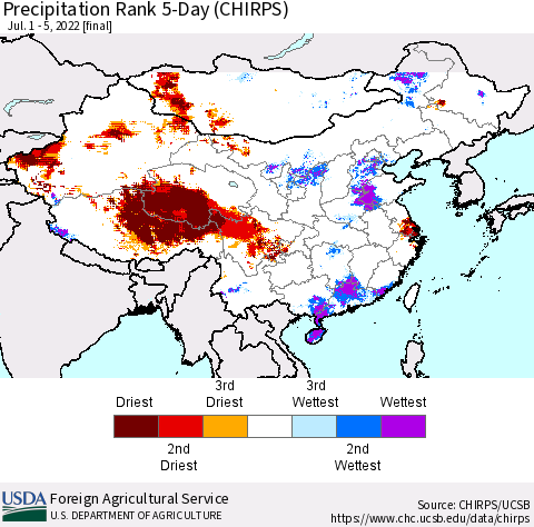 China, Mongolia and Taiwan Precipitation Rank since 1981, 5-Day (CHIRPS) Thematic Map For 7/1/2022 - 7/5/2022