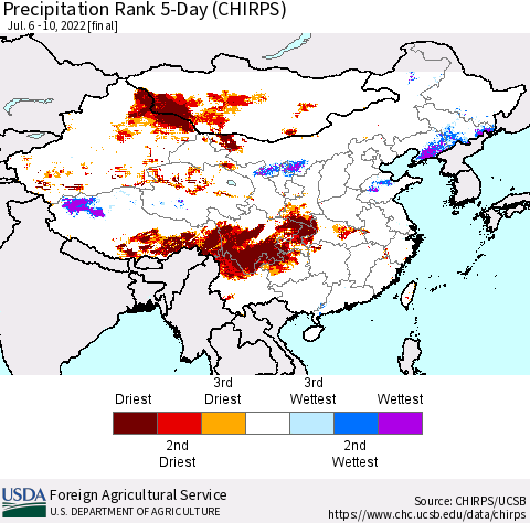 China, Mongolia and Taiwan Precipitation Rank since 1981, 5-Day (CHIRPS) Thematic Map For 7/6/2022 - 7/10/2022