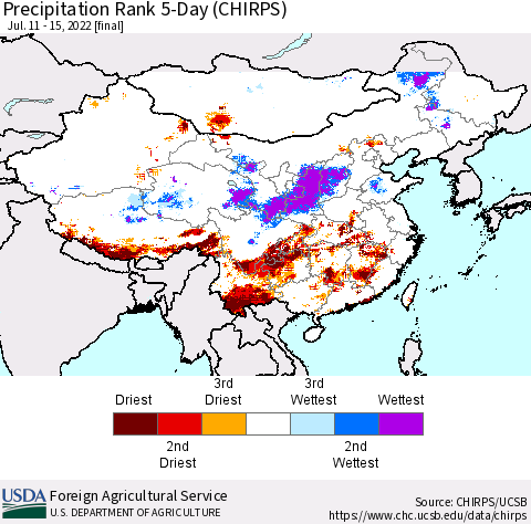 China, Mongolia and Taiwan Precipitation Rank since 1981, 5-Day (CHIRPS) Thematic Map For 7/11/2022 - 7/15/2022