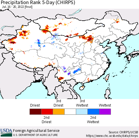China, Mongolia and Taiwan Precipitation Rank since 1981, 5-Day (CHIRPS) Thematic Map For 7/16/2022 - 7/20/2022