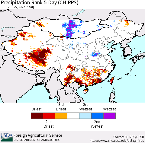 China, Mongolia and Taiwan Precipitation Rank since 1981, 5-Day (CHIRPS) Thematic Map For 7/21/2022 - 7/25/2022