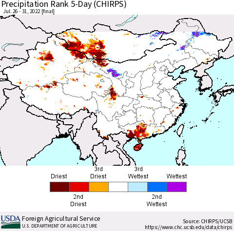 China, Mongolia and Taiwan Precipitation Rank since 1981, 5-Day (CHIRPS) Thematic Map For 7/26/2022 - 7/31/2022