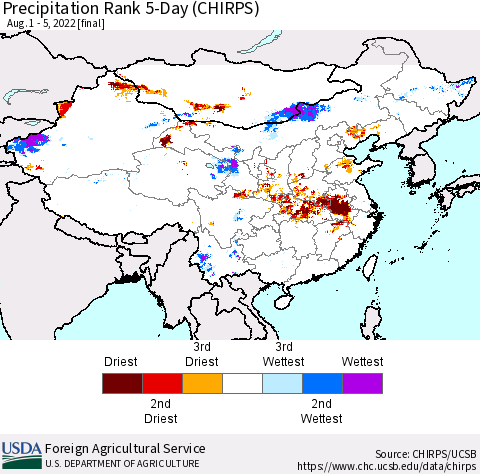 China, Mongolia and Taiwan Precipitation Rank since 1981, 5-Day (CHIRPS) Thematic Map For 8/1/2022 - 8/5/2022