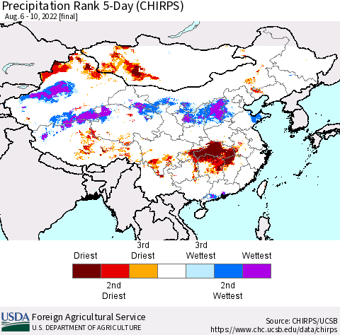 China, Mongolia and Taiwan Precipitation Rank since 1981, 5-Day (CHIRPS) Thematic Map For 8/6/2022 - 8/10/2022
