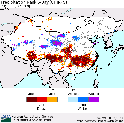 China, Mongolia and Taiwan Precipitation Rank since 1981, 5-Day (CHIRPS) Thematic Map For 8/11/2022 - 8/15/2022