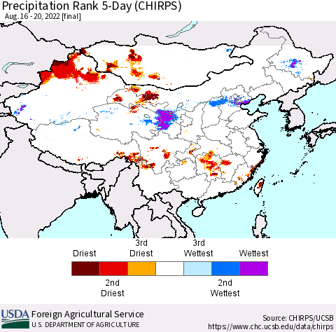 China, Mongolia and Taiwan Precipitation Rank since 1981, 5-Day (CHIRPS) Thematic Map For 8/16/2022 - 8/20/2022