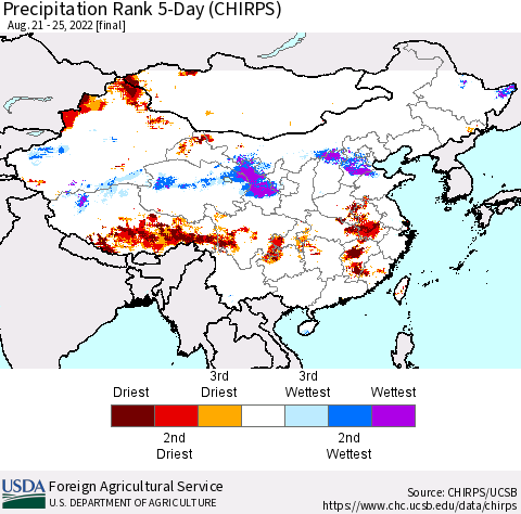China, Mongolia and Taiwan Precipitation Rank since 1981, 5-Day (CHIRPS) Thematic Map For 8/21/2022 - 8/25/2022