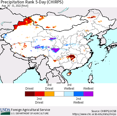 China, Mongolia and Taiwan Precipitation Rank since 1981, 5-Day (CHIRPS) Thematic Map For 8/26/2022 - 8/31/2022