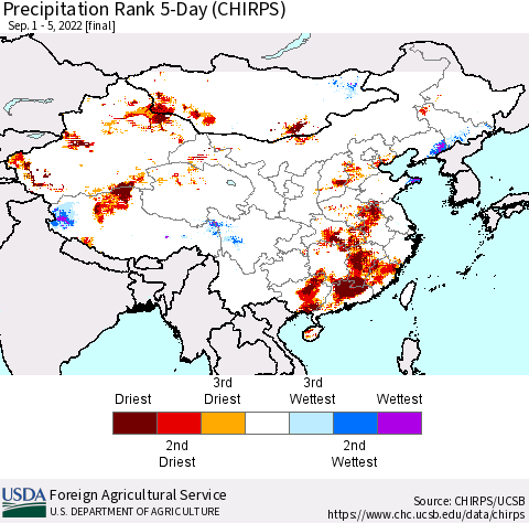 China, Mongolia and Taiwan Precipitation Rank since 1981, 5-Day (CHIRPS) Thematic Map For 9/1/2022 - 9/5/2022