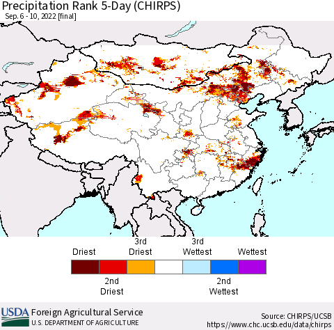 China, Mongolia and Taiwan Precipitation Rank since 1981, 5-Day (CHIRPS) Thematic Map For 9/6/2022 - 9/10/2022