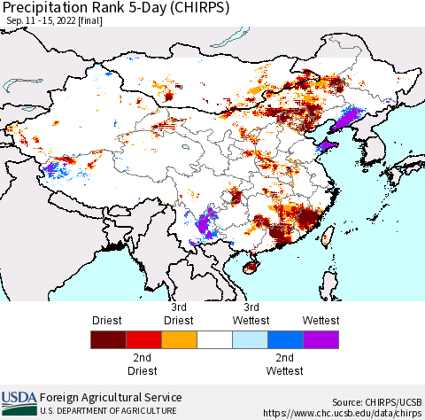 China, Mongolia and Taiwan Precipitation Rank since 1981, 5-Day (CHIRPS) Thematic Map For 9/11/2022 - 9/15/2022