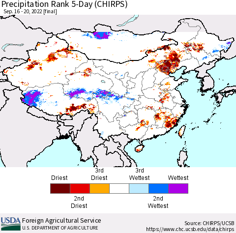 China, Mongolia and Taiwan Precipitation Rank since 1981, 5-Day (CHIRPS) Thematic Map For 9/16/2022 - 9/20/2022