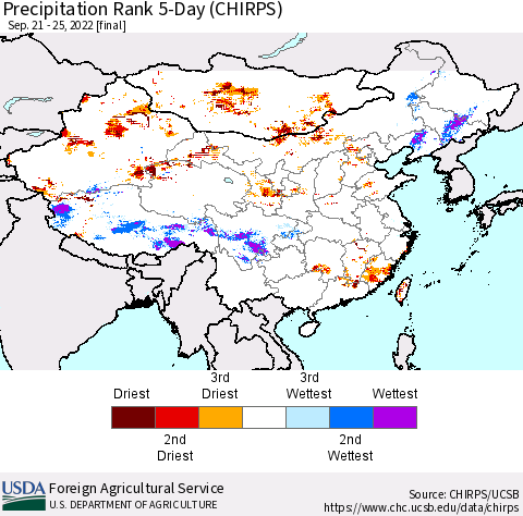 China, Mongolia and Taiwan Precipitation Rank since 1981, 5-Day (CHIRPS) Thematic Map For 9/21/2022 - 9/25/2022