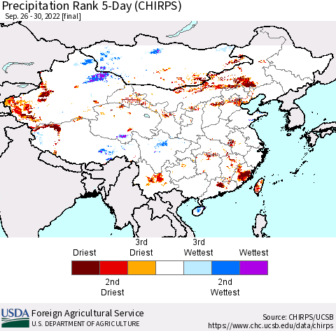 China, Mongolia and Taiwan Precipitation Rank since 1981, 5-Day (CHIRPS) Thematic Map For 9/26/2022 - 9/30/2022
