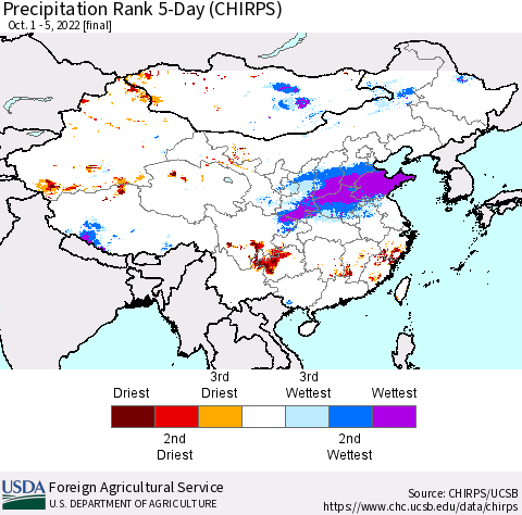 China, Mongolia and Taiwan Precipitation Rank since 1981, 5-Day (CHIRPS) Thematic Map For 10/1/2022 - 10/5/2022