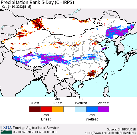 China, Mongolia and Taiwan Precipitation Rank since 1981, 5-Day (CHIRPS) Thematic Map For 10/6/2022 - 10/10/2022