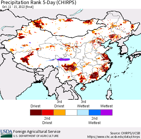 China, Mongolia and Taiwan Precipitation Rank since 1981, 5-Day (CHIRPS) Thematic Map For 10/11/2022 - 10/15/2022