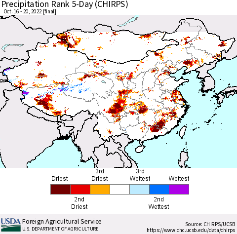 China, Mongolia and Taiwan Precipitation Rank since 1981, 5-Day (CHIRPS) Thematic Map For 10/16/2022 - 10/20/2022