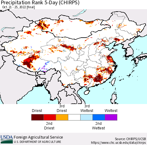 China, Mongolia and Taiwan Precipitation Rank since 1981, 5-Day (CHIRPS) Thematic Map For 10/21/2022 - 10/25/2022