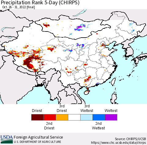 China, Mongolia and Taiwan Precipitation Rank since 1981, 5-Day (CHIRPS) Thematic Map For 10/26/2022 - 10/31/2022