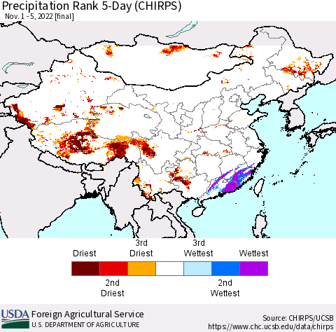 China, Mongolia and Taiwan Precipitation Rank since 1981, 5-Day (CHIRPS) Thematic Map For 11/1/2022 - 11/5/2022