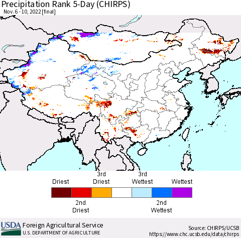 China, Mongolia and Taiwan Precipitation Rank since 1981, 5-Day (CHIRPS) Thematic Map For 11/6/2022 - 11/10/2022