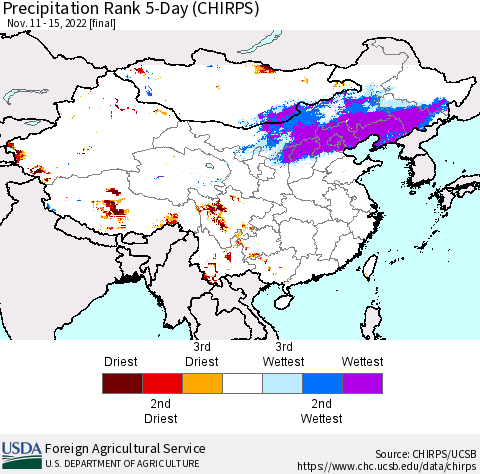 China, Mongolia and Taiwan Precipitation Rank since 1981, 5-Day (CHIRPS) Thematic Map For 11/11/2022 - 11/15/2022