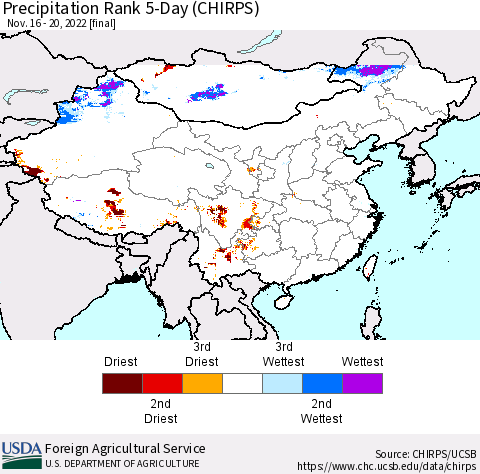 China, Mongolia and Taiwan Precipitation Rank since 1981, 5-Day (CHIRPS) Thematic Map For 11/16/2022 - 11/20/2022