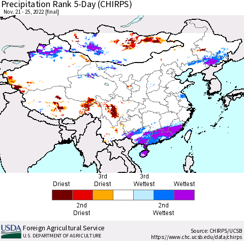 China, Mongolia and Taiwan Precipitation Rank since 1981, 5-Day (CHIRPS) Thematic Map For 11/21/2022 - 11/25/2022