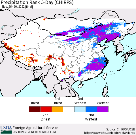 China, Mongolia and Taiwan Precipitation Rank since 1981, 5-Day (CHIRPS) Thematic Map For 11/26/2022 - 11/30/2022