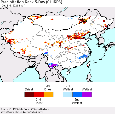 China, Mongolia and Taiwan Precipitation Rank since 1981, 5-Day (CHIRPS) Thematic Map For 12/1/2022 - 12/5/2022