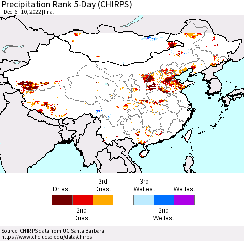 China, Mongolia and Taiwan Precipitation Rank since 1981, 5-Day (CHIRPS) Thematic Map For 12/6/2022 - 12/10/2022