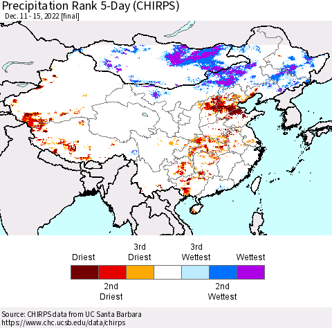 China, Mongolia and Taiwan Precipitation Rank since 1981, 5-Day (CHIRPS) Thematic Map For 12/11/2022 - 12/15/2022