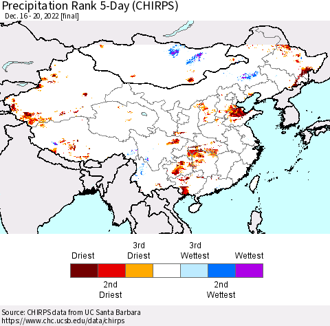 China, Mongolia and Taiwan Precipitation Rank since 1981, 5-Day (CHIRPS) Thematic Map For 12/16/2022 - 12/20/2022