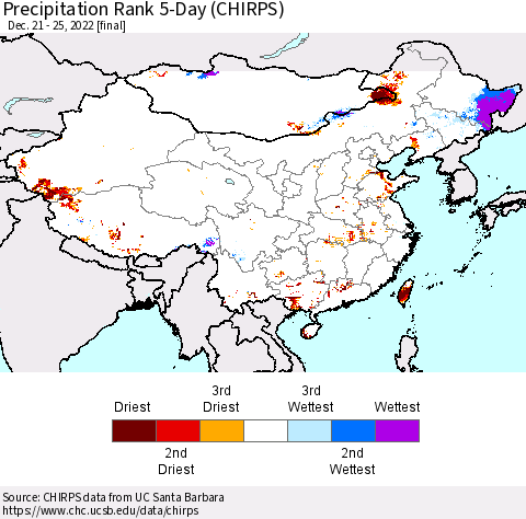 China, Mongolia and Taiwan Precipitation Rank since 1981, 5-Day (CHIRPS) Thematic Map For 12/21/2022 - 12/25/2022