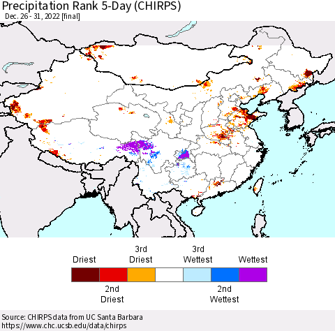 China, Mongolia and Taiwan Precipitation Rank since 1981, 5-Day (CHIRPS) Thematic Map For 12/26/2022 - 12/31/2022